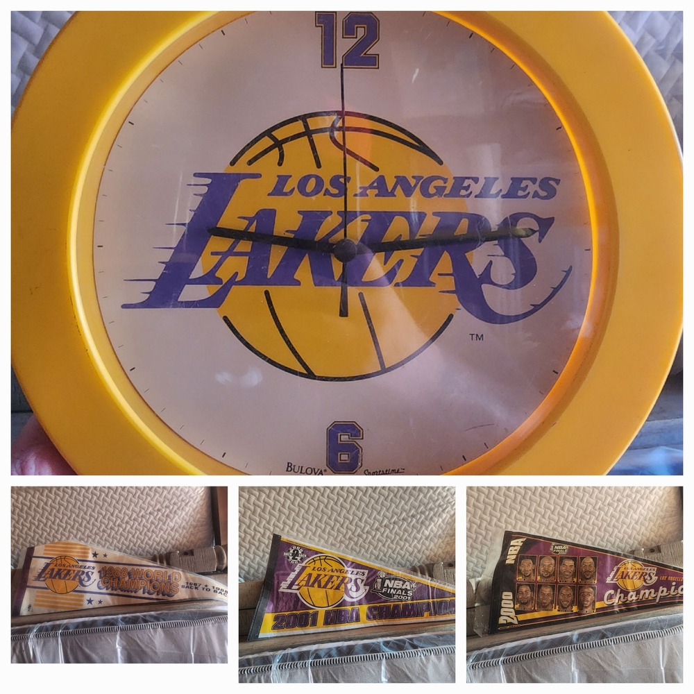 Los Angeles Lakers Yellow Wall Clock & Championship Pennants